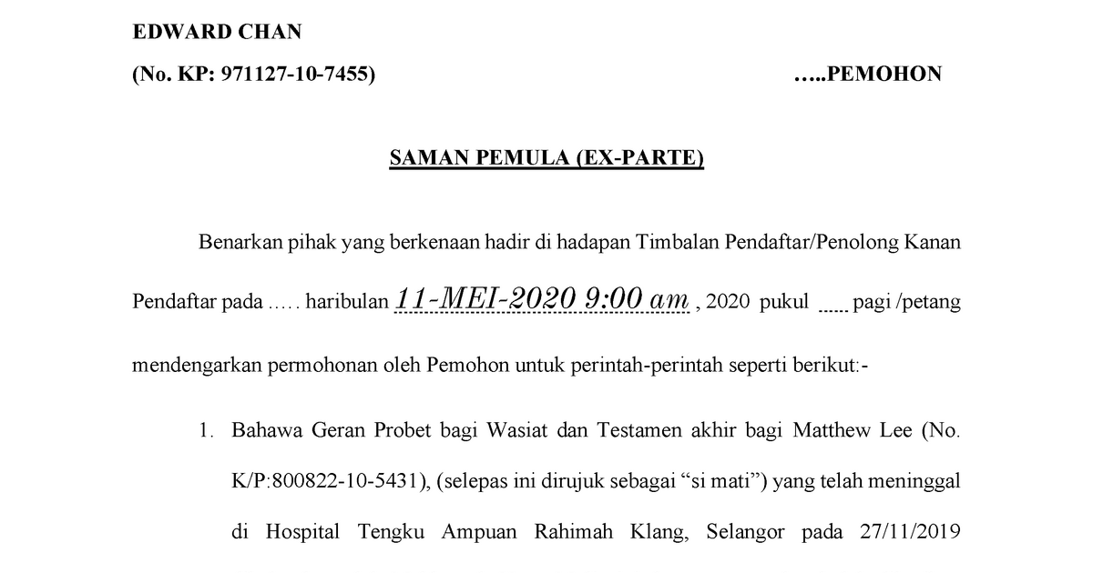 Saman Pemula Ex Parte Arahan Amalan Pendaftar Mahkamah Tinggi Malaya Bil 1 2011 Akta Ini Membolehkan Pemilik Untuk Mendapatkan Perintah Daripada Mahkamah Dengan Memfailkan Saman Pemula Secara Exparte