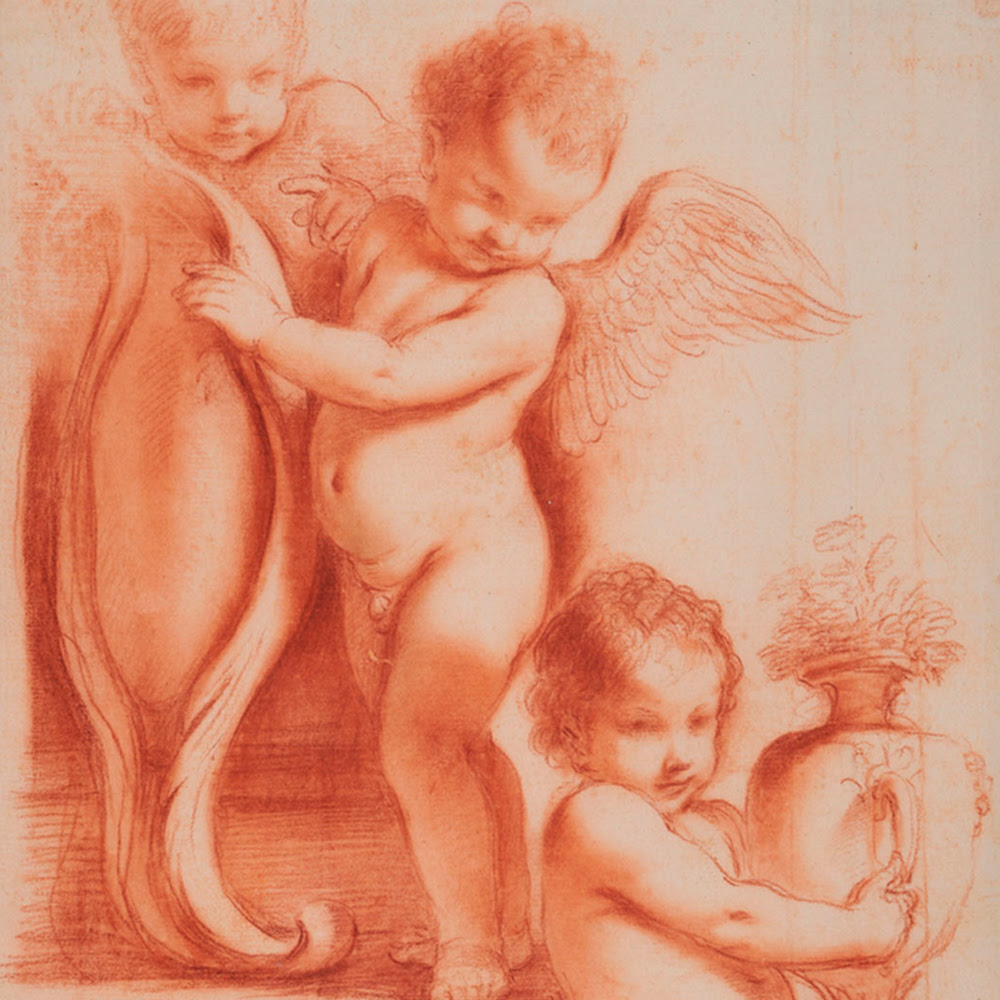 Detail of a red chalk drawing of angels by Guercino