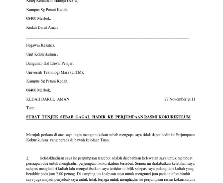 Surat Tunjuk Sebab Tidak Hadir Kuliah  letter.7saudara.com