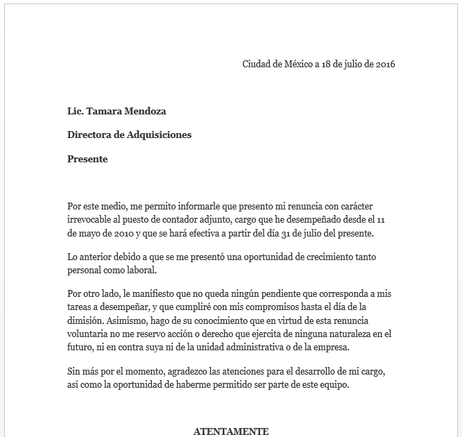 Carta De Renuncia Irrevocable Ejemplo - t Carta De