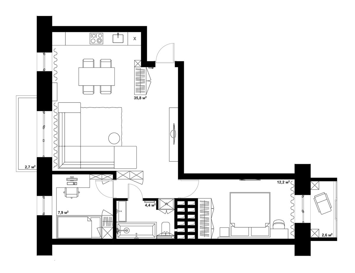 In between is a sink, and on the other end, there is space left for folding and storage. Double Bedroom L Shaped Home Design 2 Examples With Floor Plans