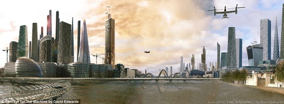 In this image the banks of the River Thames are almost at bursting point. A transparent tunnel, pictured left, is shown weaving through east London, passed Tower Bridge and in front of City Hall that could be used as a new transport line for commuters, and to transport items across the capital