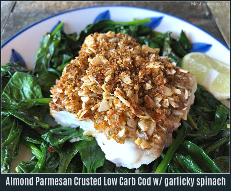 You'll have options for two sides (broccoli and sautéed zucchini and squash are the best choices), but. Almond Parmesan Crusted Low Carb Cod With Garlicky Spinach