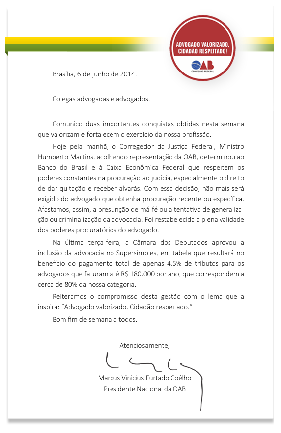 Consquistas da Advocacia. Carta aos advogados.