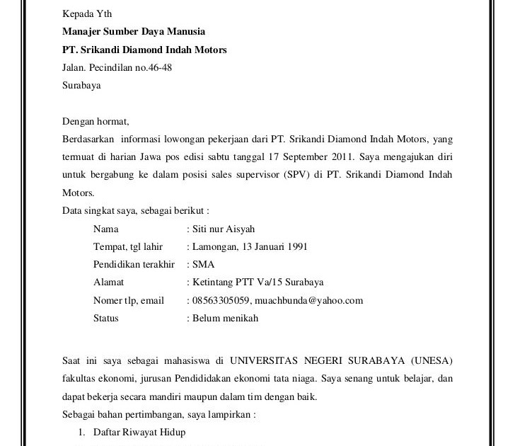 Contoh Cv Dan Surat Lamaran Kerja Formal  Curriculum vitae lamaran