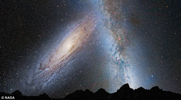 The formerly tiny galaxy now dominates the foreground of the computer generated image as it swallows up the Milky Way