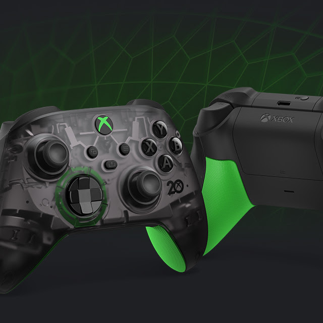The front of the Xbox Wireless Controller – 20th Anniversary Special Edition shows it’s unique transparent case and highlights of green.