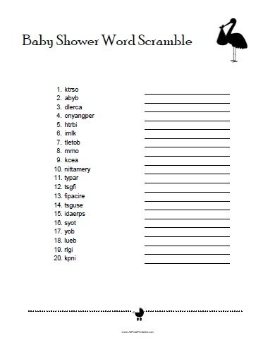 This baby shower word scramble game has all the people who are special to baby. Baby Shower Word Scramble Game Free Printable