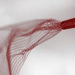 The rolled electronic mesh is injected through a glass needle into a water-based solution. (Lieber Research Group, Harvard University)