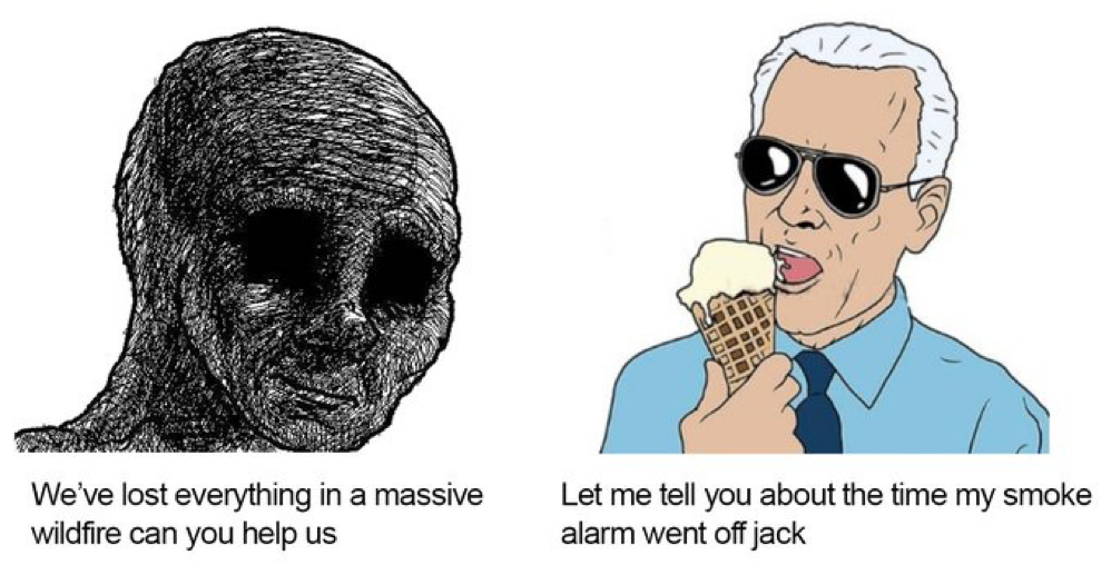 Meme showing Biden eating ice cream while ignoreing pleas for help.