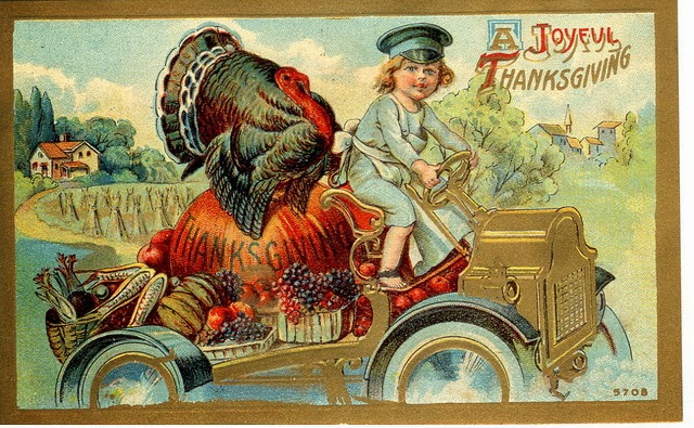 Card showing a girl driving home a turkey sitting on a pumpkin.