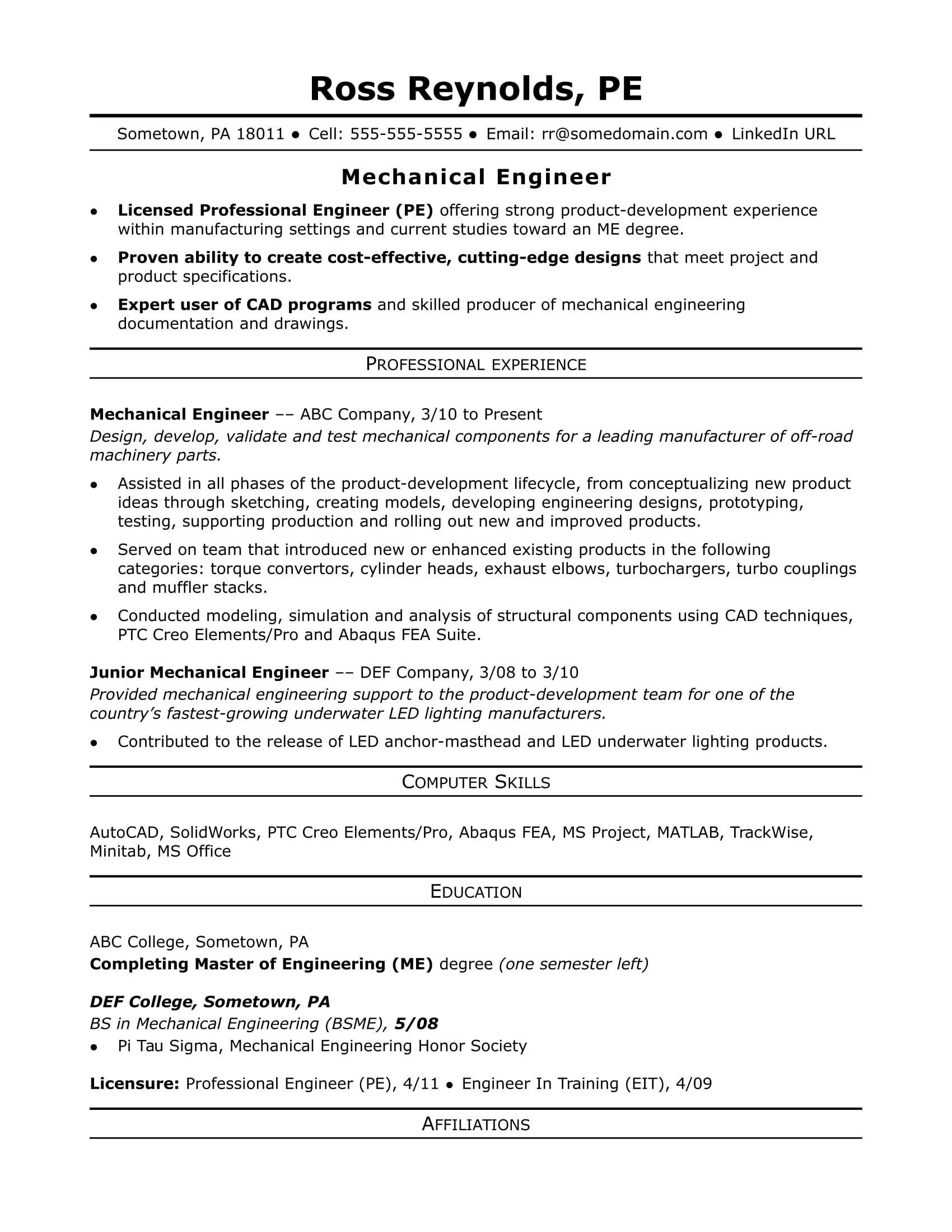 The skills and knowledge that help you succeed in your role as a mechanical engineer do not always correlate to those you need to create a top resume. Sample Resume For A Midlevel Mechanical Engineer Monster Com