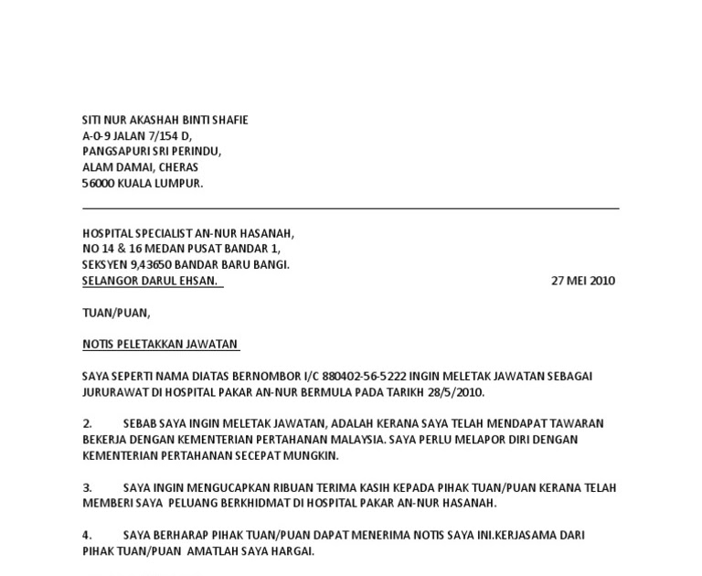 Contoh Surat Rasmi Perletakan Jawatan Sebagai Pengawas 