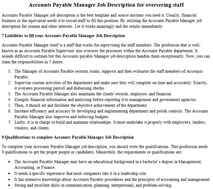 Prepare detailed and analytical reports on a regular/monthly basis; Accounts Payable Manager Job Description Room Surf Com