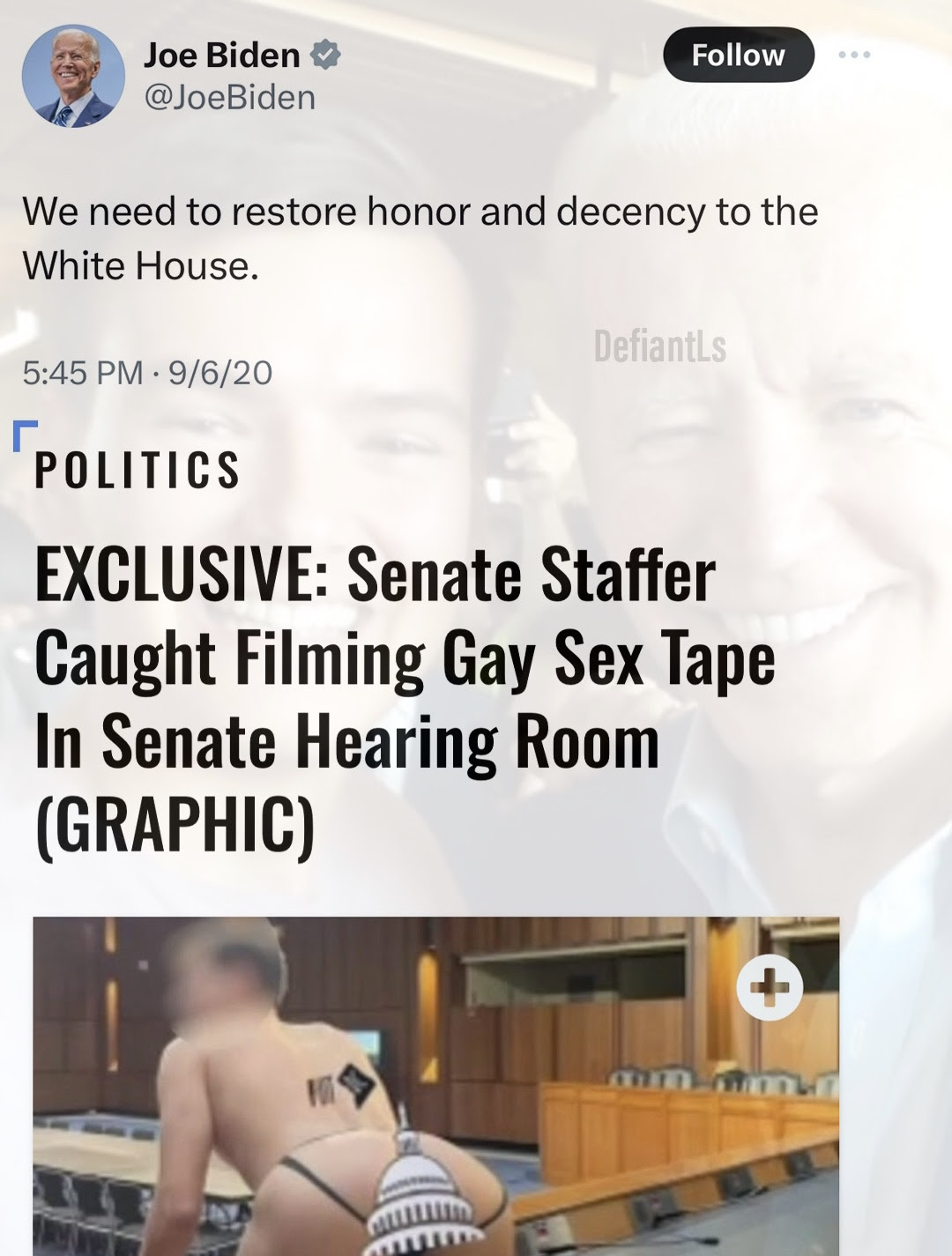 Hypocrite Joe Biden calling for decency while doing nothing about desecration of a Senate room.