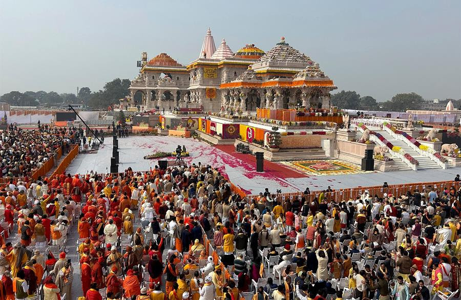 A view of the audience gathered for the opening of the Ram Mandir, a temple dedicated to the Hindu deity Lord Ram.