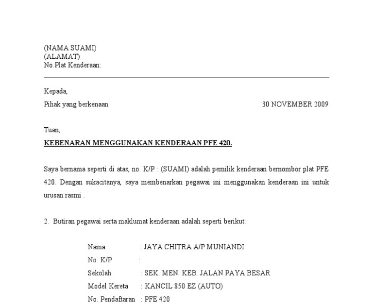 Surat Rasmi Kebenaran Menggunakan Kenderaan - Rumah Zee