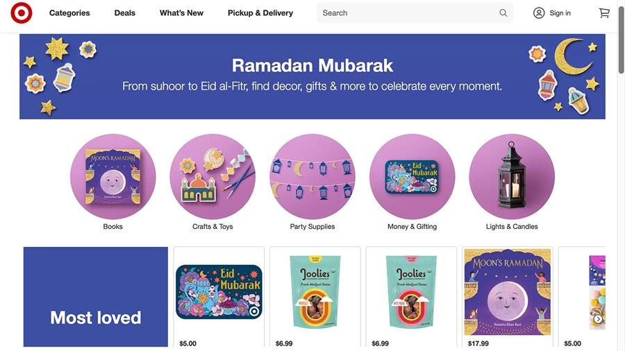 A screenshot of the Target online holiday shop for Ramadan and Eid