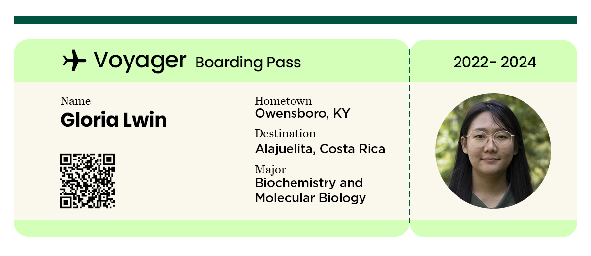 A boarding pass style graphic has a photo of a person with medium-light skin and black hair closed-mouth smiling at the camera, accompanied by the information: "Name: Gloria Lwin, Location: Owensboro, KY, Destination: Alajuelita, Costa Rica, and Major: Biochemistry and molecular biology""