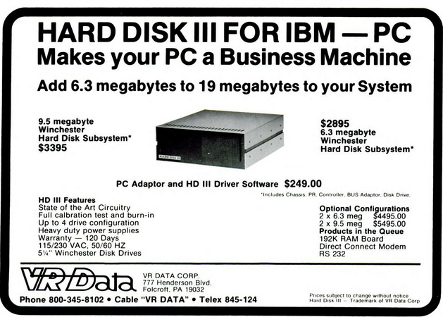 Computer hard disk ad from 1982 when 6,3 megabytes sold for $2895.
