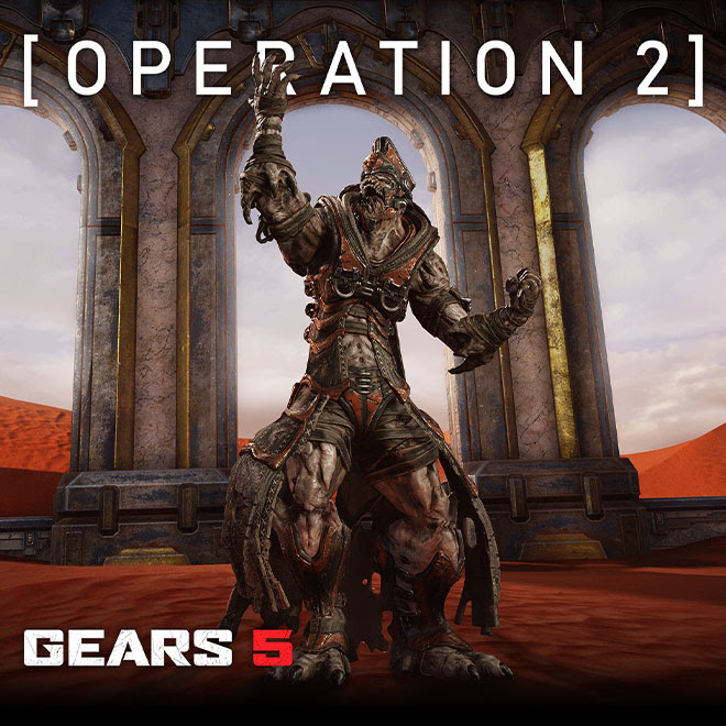 A Kantus holds its hand up in triumph beneath the text [OPERATION 2] with the Gears 5 logo in the bottom left corner.