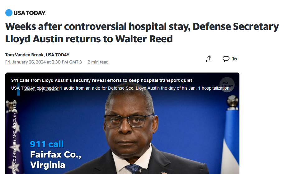 Headline clipping saying that Austin is back in Walter Reed.