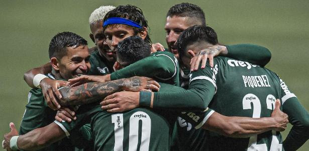 Jogadores do Palmeiras comemoram gol marcado sobre o Fortaleza 