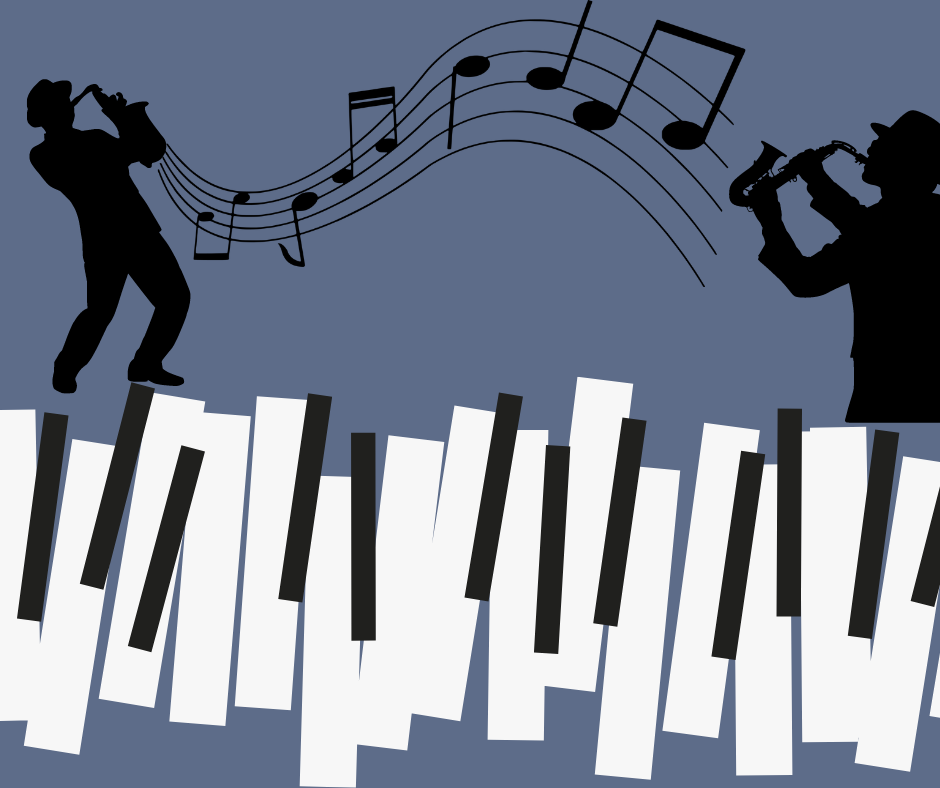 Jazz players on a saxophone, music notes, piano keys