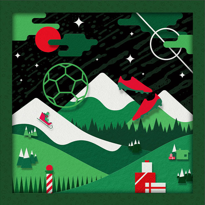 A diorama-style illustration of mountains overlaid with soccer and holiday iconography.