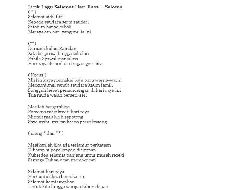 Lirik Lagu Selamat Hari Raya Saloma Malaypost