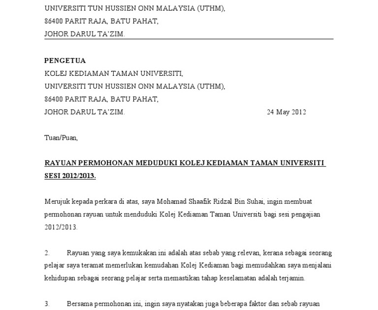 Contoh Surat Rasmi Permohonan Tinggal Di Luar Asrama ...