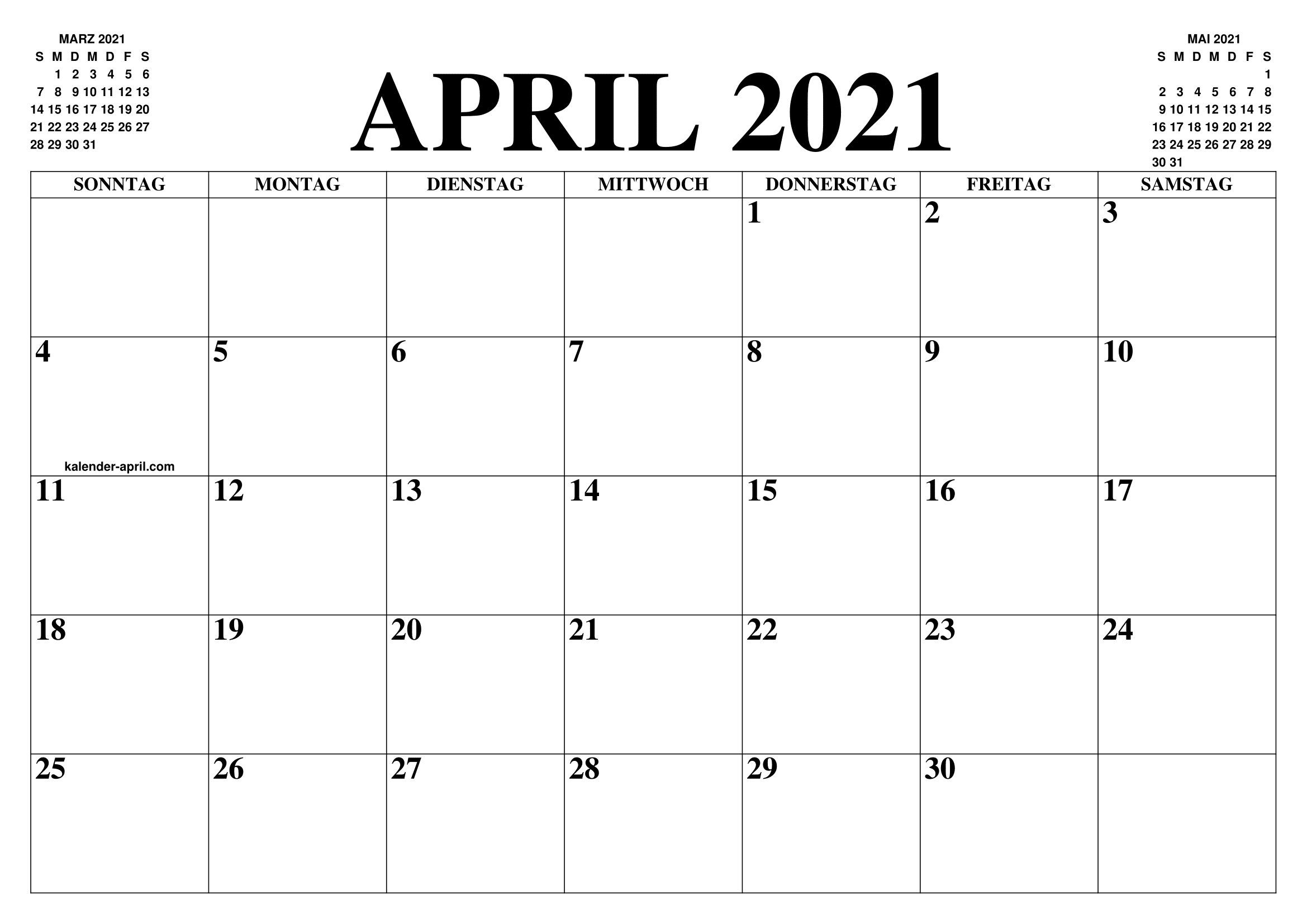 Auf dieser seite findet ihr unsere monatskalender 2019 und 2020 auf je einer din a4 seite im hochformat mit feiertagen und kalenderwochen zum kostenlosen ausdrucken. Kalender April 2021 April 2021 Kalender Zum Ausdrucken Gratis Monat Und Jahr Agenda