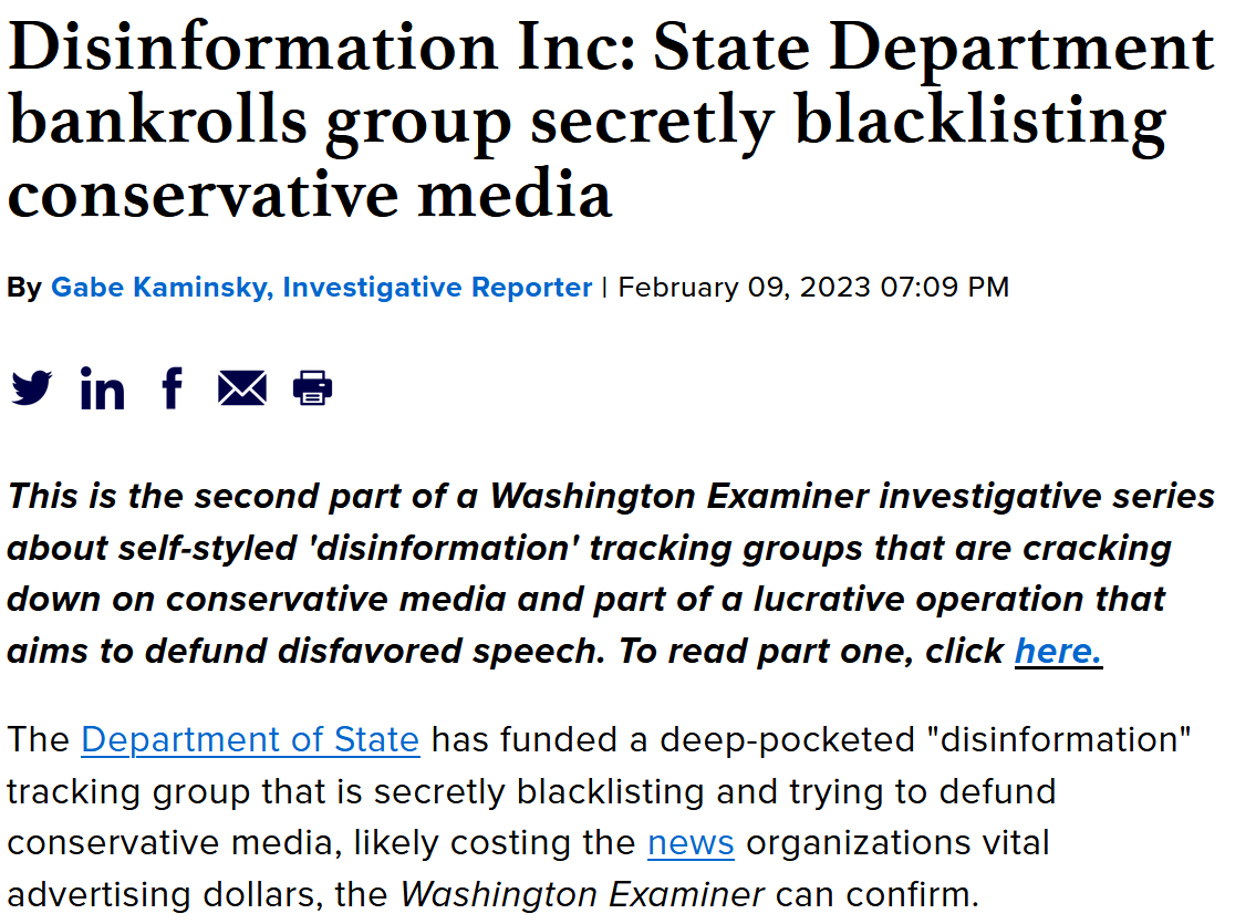 Screenshot of DC Examiner story about government blacklists.