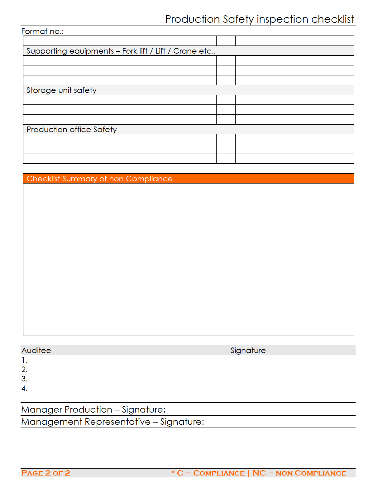 Confirm the operation of security lights polish doorway and window hardware and glass exteriors tasks yes no n/a comment employees remarks: Production Safety Inspection Checklist Template