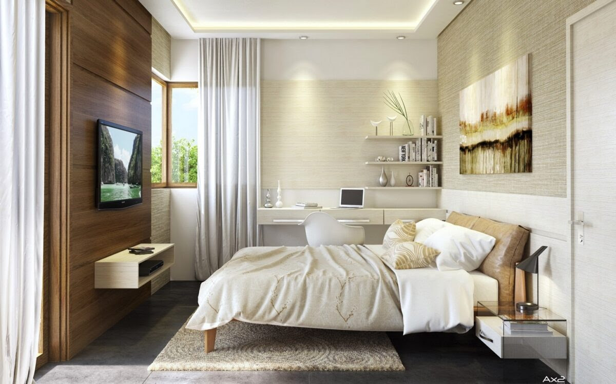 The long layout is an arrangement wherein the bed and the desk are lined up in a row along the same wall. Bedroom Study Tv Placement Interior Design Ideas
