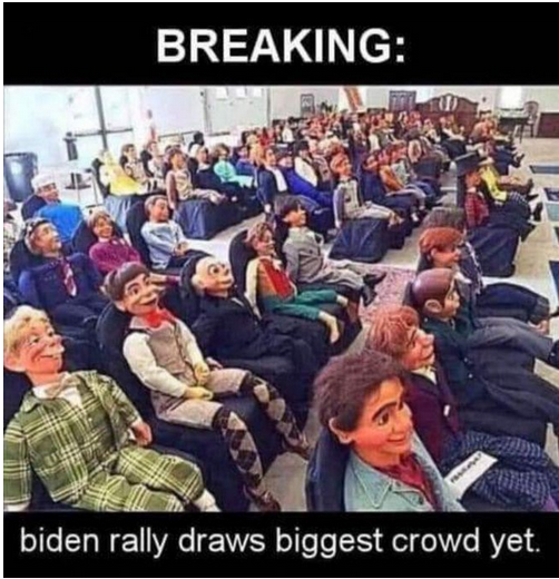 Photo of seated puppets and dummies presented as Biden audience.