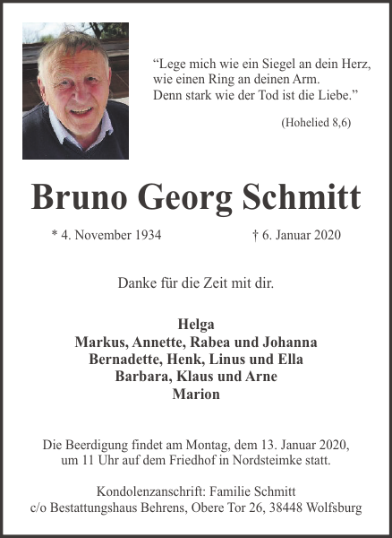 Besuchen sie die gedenkseite von bruno ganz. Bruno Georg Schmitt Traueranzeige Wolfsburger Nachrichten