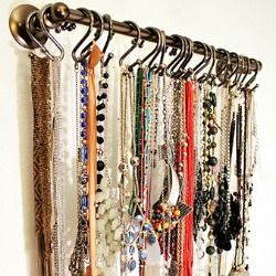 Jewelry Organizer using towel rack and shower curtain rings!