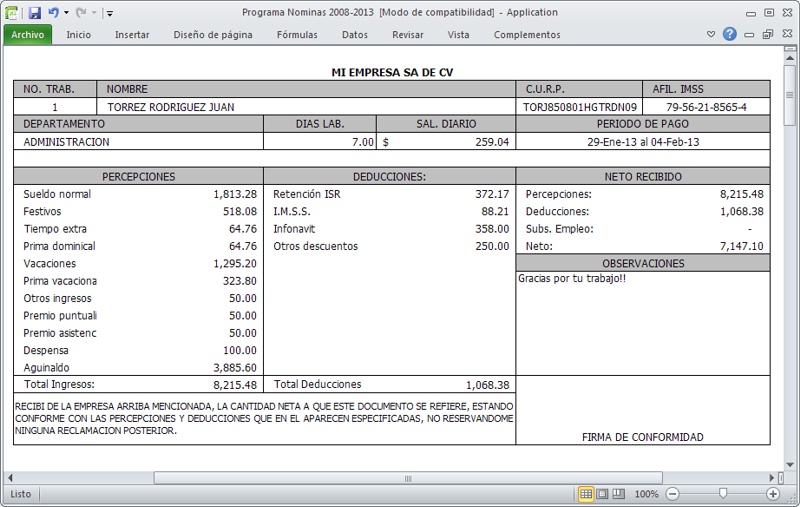 Ejemplo De Recibo De Nomina En Excel Colección de Ejemplo