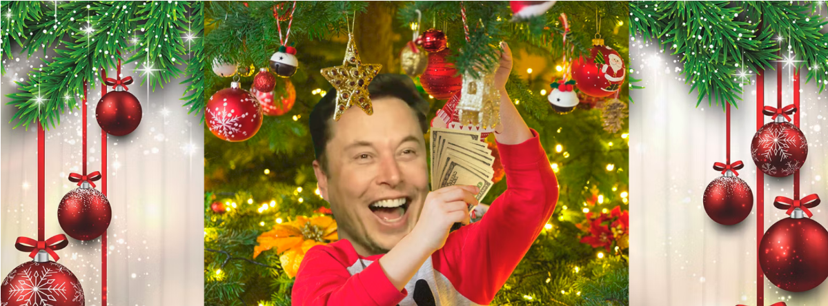 Elon Musk holding money portrayed as a Christmas ornament.