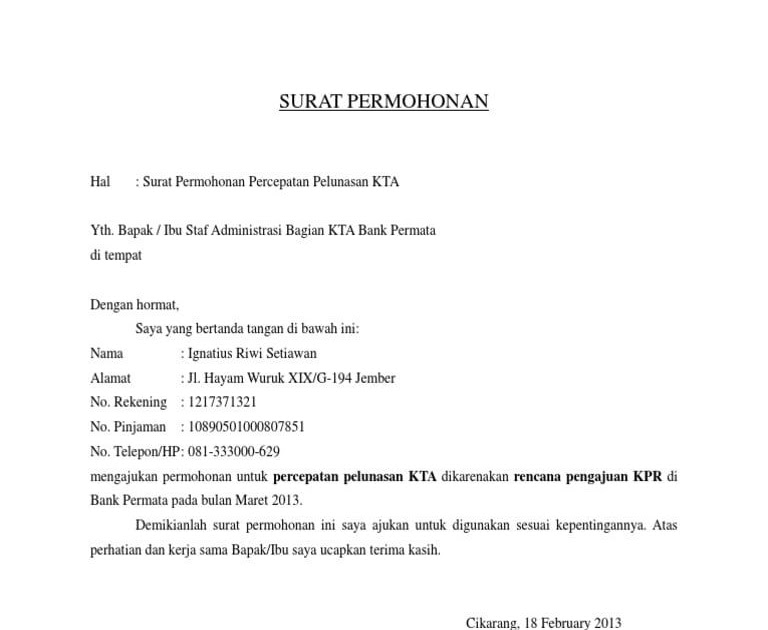 Contoh Surat Permohonan Pelunasan Kredit Pencari Soal