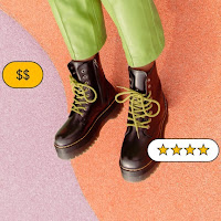 A pair of boots is overlaid on a pink and orange background with dollar signs and four stars.