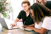 team attending webinar stock photo