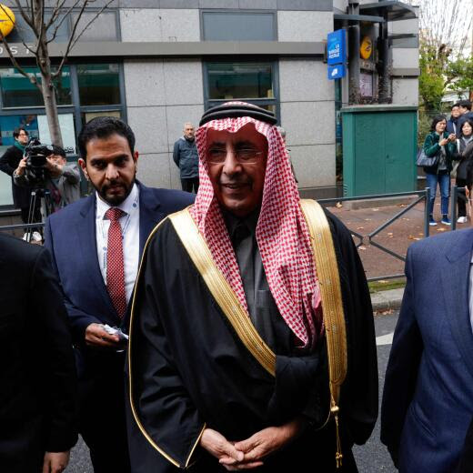 Acting CEO of Saudi Arabia's Royal Commission for Riyadh City, Ibrahim Al-Sultan (C) arrives at the Palais des Congres in Issy-les-Moulineaux, Paris' suburb, ahead of the announcement of the host of the 2030 World Expo, with Rome in Italy, the Saudi capital Riyadh and South Korea's Busan contending to welcome the showpiece event held every five years, on November 28, 2023. The World Expo, which traces its history back to the 1851 Great Exhibition in London, is a months-long mega event attracting millions of visitors that aims to respond to the specific challenges of the current time. (Photo by Geoffroy Van der Hasselt / AFP)