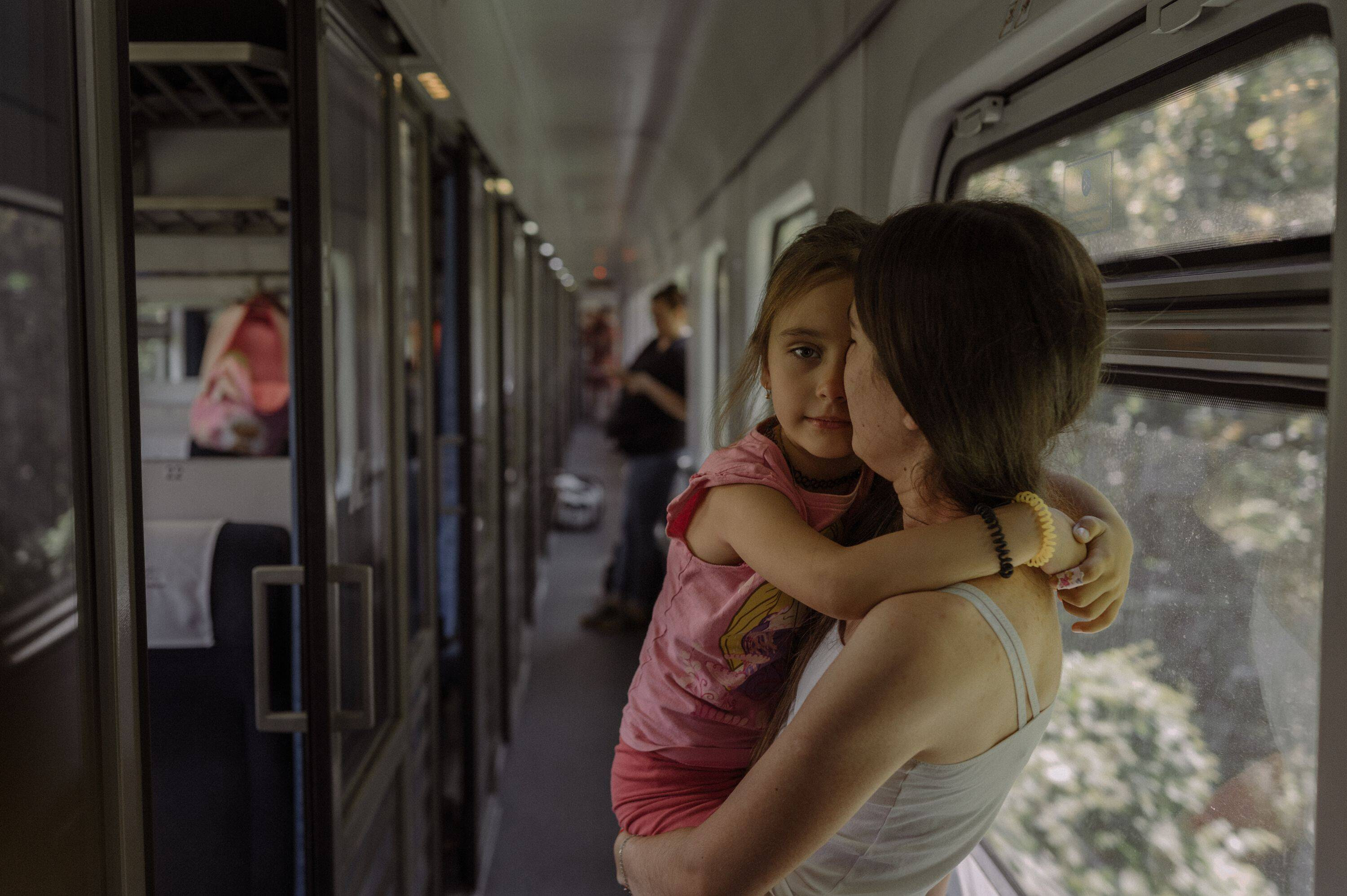 Kateryna Dobrovolska, 27 — along with her daughter Liliia, 5 — are going to Odessa to visit her husband and Liliiia's dad, who could not leave Ukraine with them because he is subject to military conscription. (Aliona Kardash for The Washington Post)