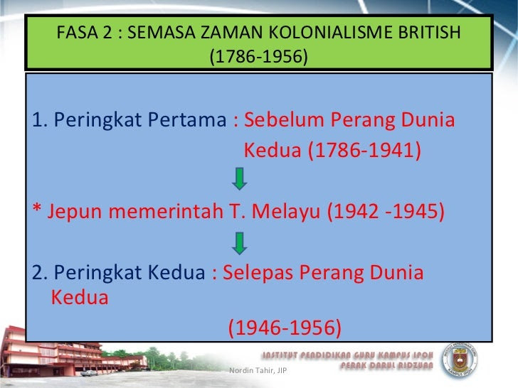 FASA 2 : SEMASA ZAMAN KOLONIALISME BRITISH                   (1786-1956)1. Peringkat Pertama : Sebelum Perang Dunia       ...