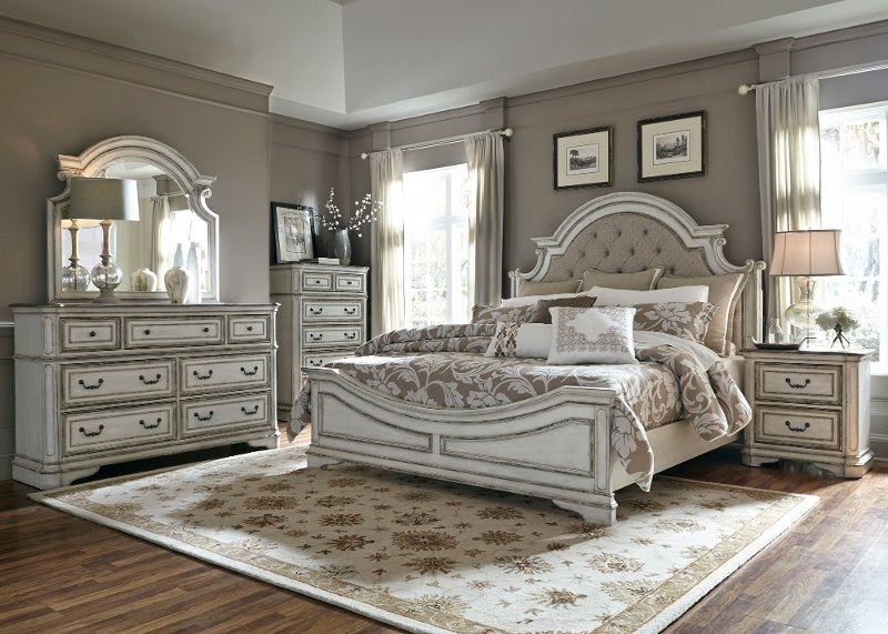 Headboard, footboard, rails, dresser, mirror, & nightstand. Antique White Traditional 4 Piece King Bedroom Set Magnolia Manor Rc Willey Furniture Store