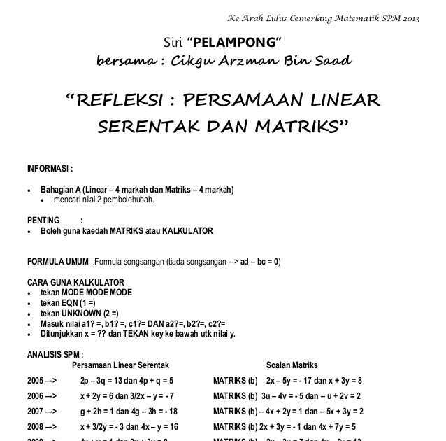 Soalan Dan Jawapan Persamaan Linear - Selangor a