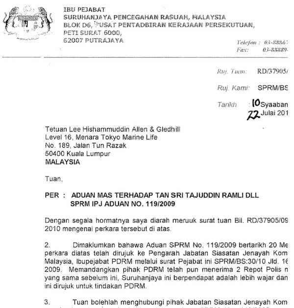 Surat Rasmi Aduan Rasuah - Rasmi H