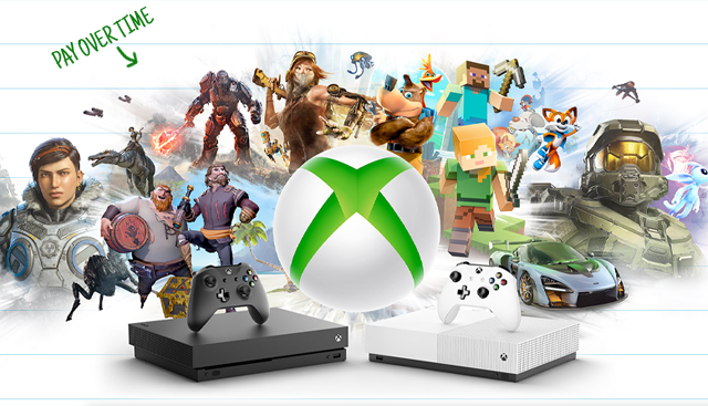 The Xbox logo and 2 consoles are shown in front of a collage of game art